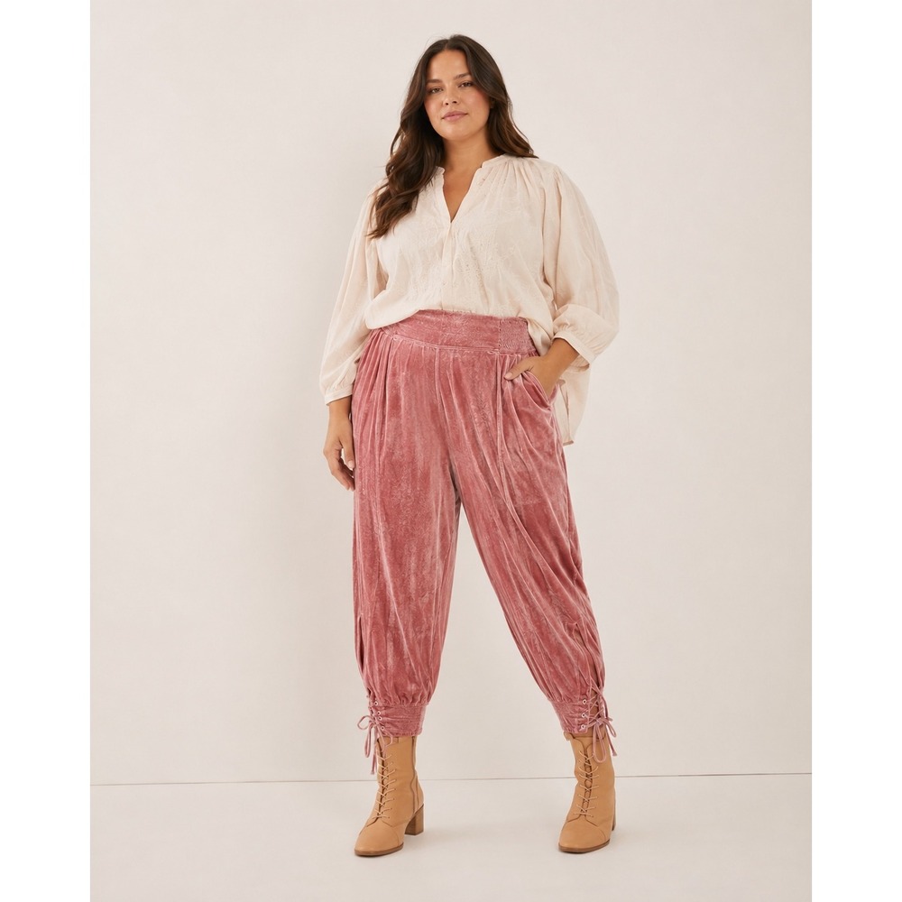 Rosevelt 1X Dusty Rose Velvet Harem Pants Boho Y2K Lace Up Fairy Grunge